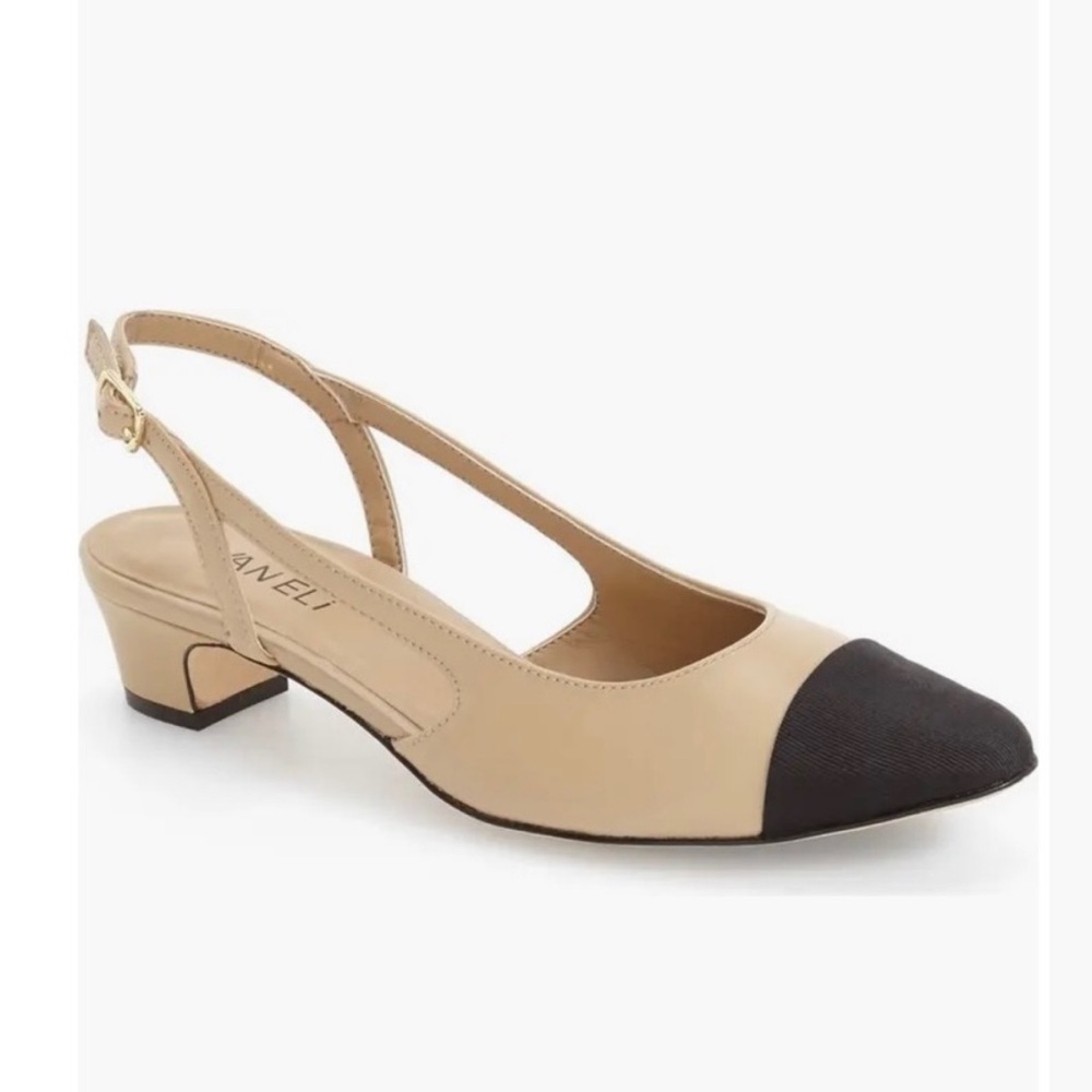 Vaneli‎ Aliz Slingback Pump Cap Toe Low Heel Pudding Leather Nude Black Size 9